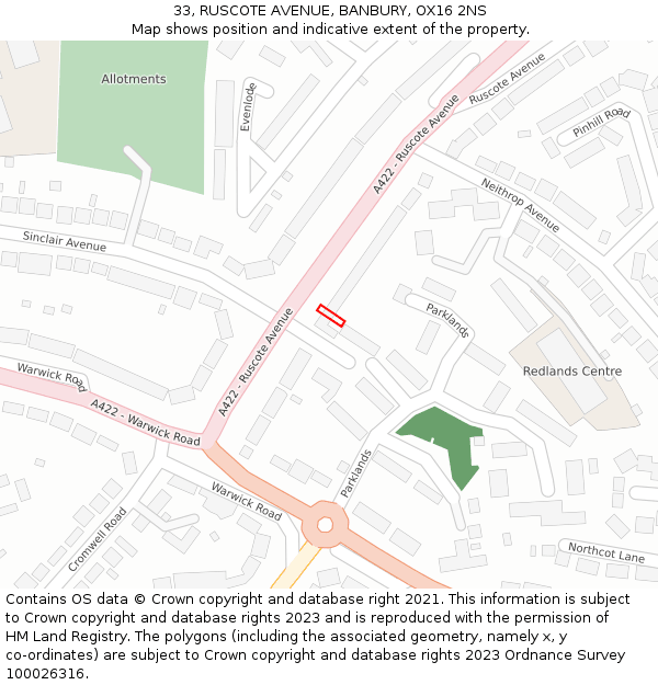 33, RUSCOTE AVENUE, BANBURY, OX16 2NS: Location map and indicative extent of plot