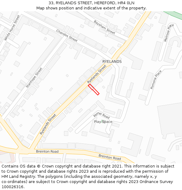 33, RYELANDS STREET, HEREFORD, HR4 0LN: Location map and indicative extent of plot