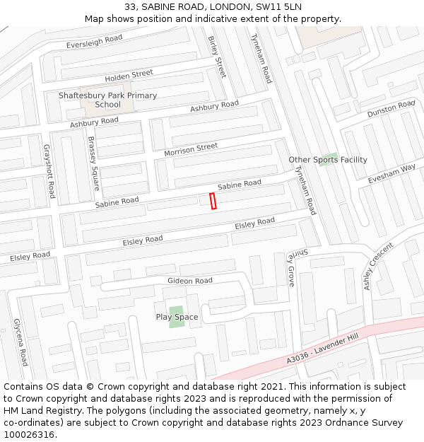 33, SABINE ROAD, LONDON, SW11 5LN: Location map and indicative extent of plot