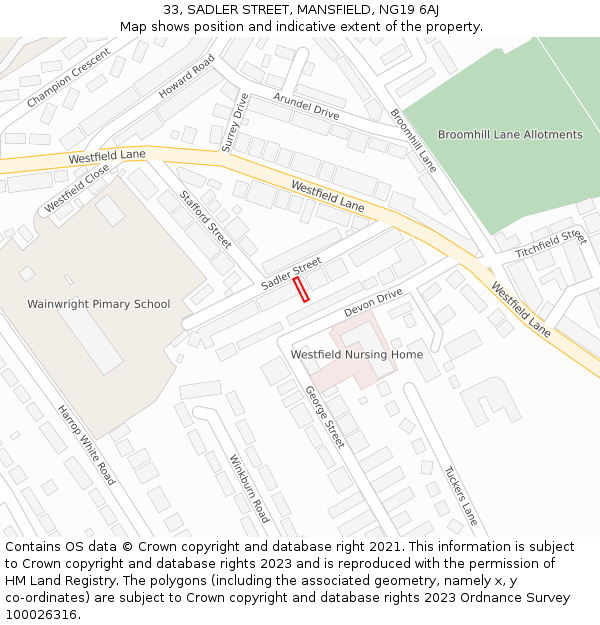 33, SADLER STREET, MANSFIELD, NG19 6AJ: Location map and indicative extent of plot