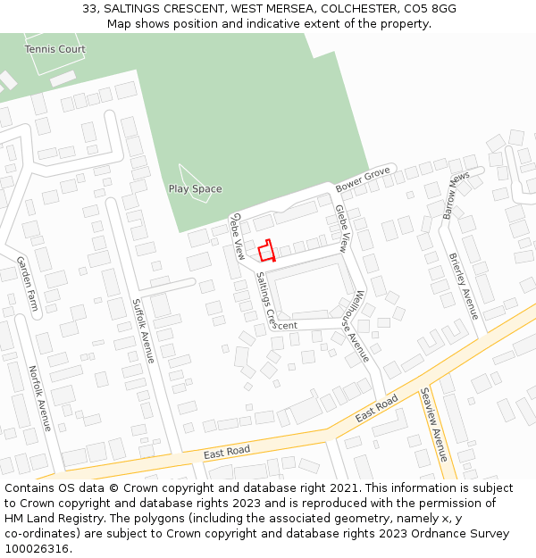 33, SALTINGS CRESCENT, WEST MERSEA, COLCHESTER, CO5 8GG: Location map and indicative extent of plot