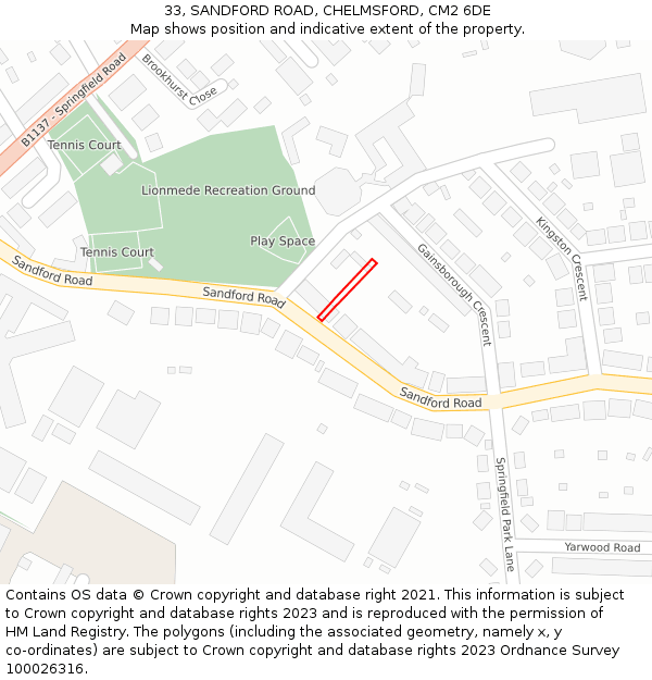 33, SANDFORD ROAD, CHELMSFORD, CM2 6DE: Location map and indicative extent of plot