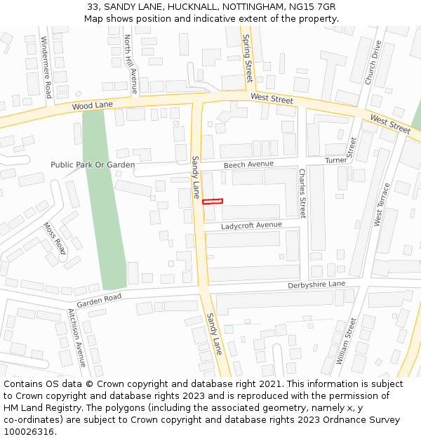 33, SANDY LANE, HUCKNALL, NOTTINGHAM, NG15 7GR: Location map and indicative extent of plot