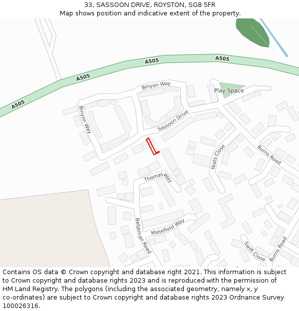 33, SASSOON DRIVE, ROYSTON, SG8 5FR: Location map and indicative extent of plot