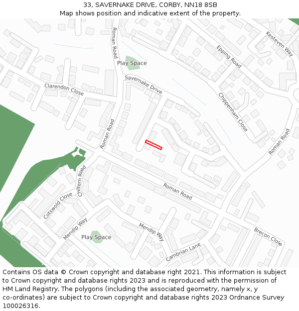 33, SAVERNAKE DRIVE, CORBY, NN18 8SB: Location map and indicative extent of plot