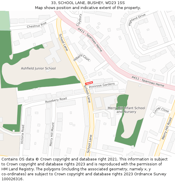 33, SCHOOL LANE, BUSHEY, WD23 1SS: Location map and indicative extent of plot