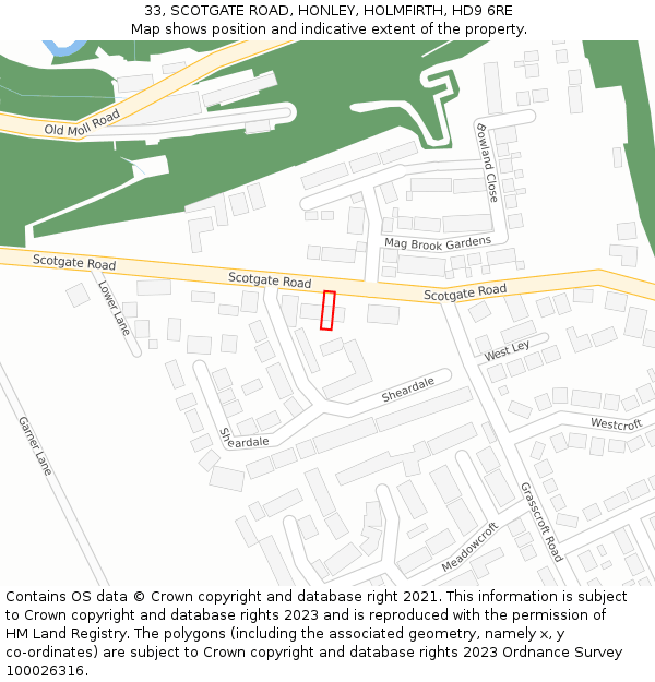 33, SCOTGATE ROAD, HONLEY, HOLMFIRTH, HD9 6RE: Location map and indicative extent of plot