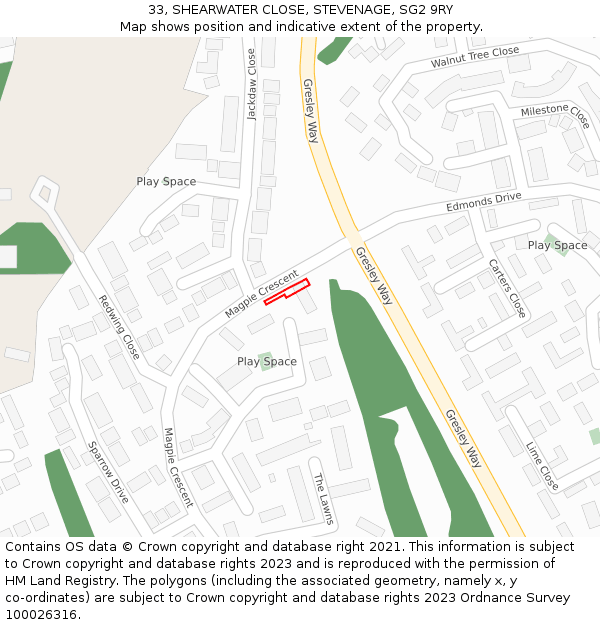 33, SHEARWATER CLOSE, STEVENAGE, SG2 9RY: Location map and indicative extent of plot