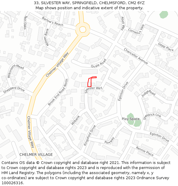33, SILVESTER WAY, SPRINGFIELD, CHELMSFORD, CM2 6YZ: Location map and indicative extent of plot