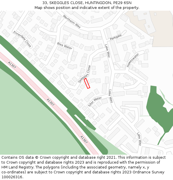 33, SKEGGLES CLOSE, HUNTINGDON, PE29 6SN: Location map and indicative extent of plot
