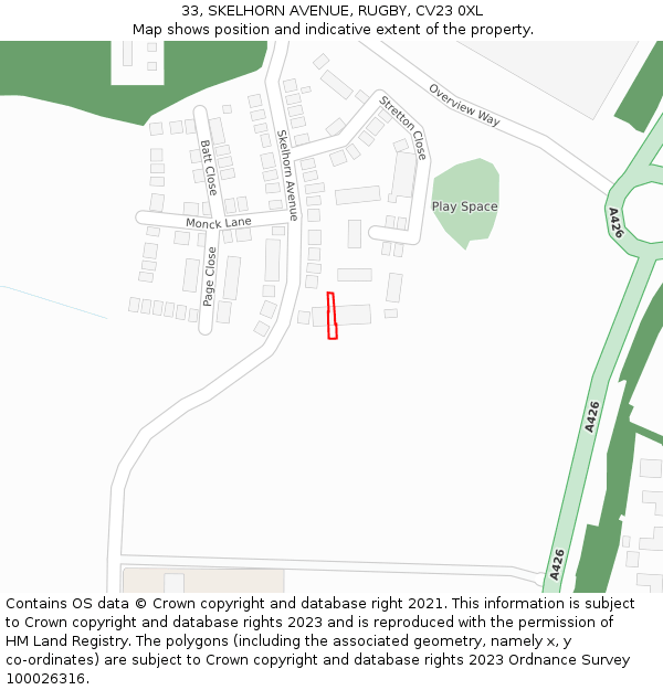 33, SKELHORN AVENUE, RUGBY, CV23 0XL: Location map and indicative extent of plot