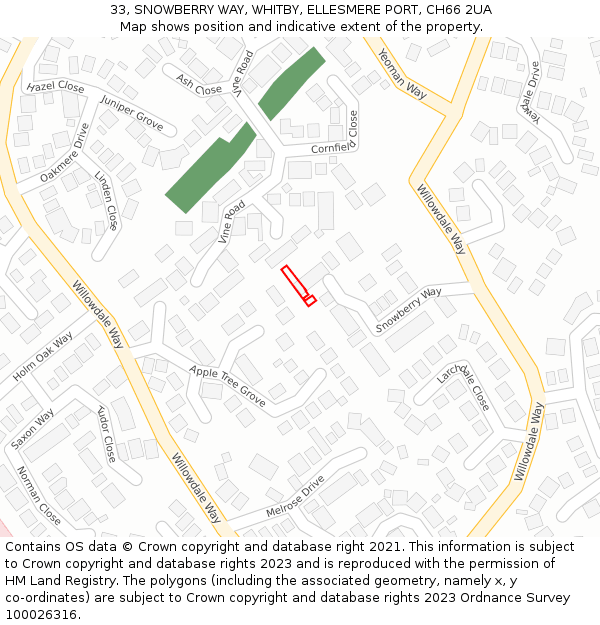 33, SNOWBERRY WAY, WHITBY, ELLESMERE PORT, CH66 2UA: Location map and indicative extent of plot