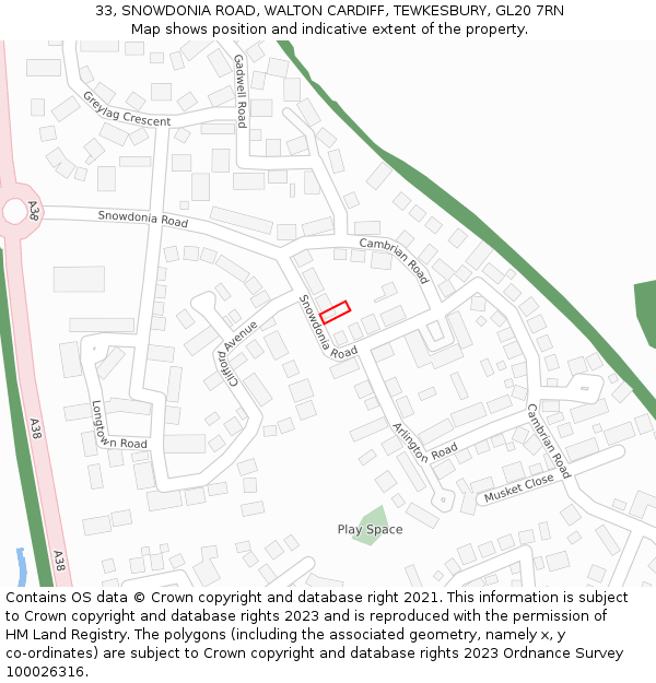 33, SNOWDONIA ROAD, WALTON CARDIFF, TEWKESBURY, GL20 7RN: Location map and indicative extent of plot