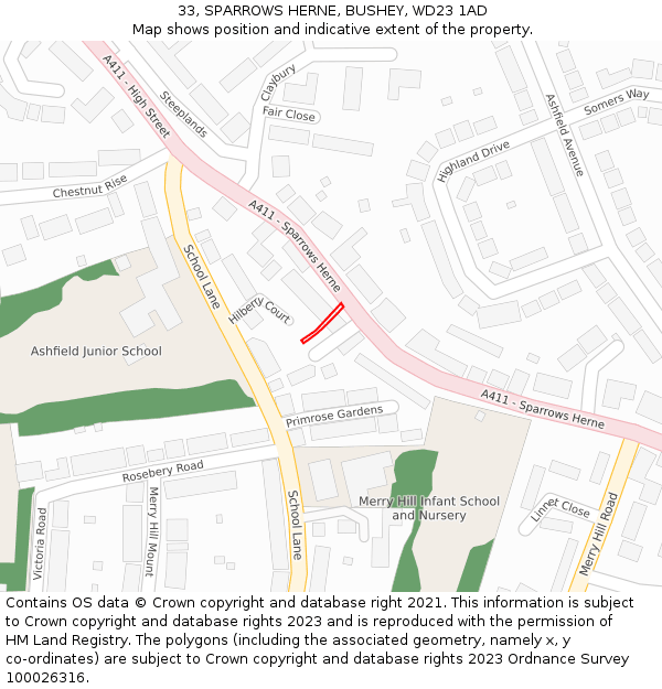 33, SPARROWS HERNE, BUSHEY, WD23 1AD: Location map and indicative extent of plot