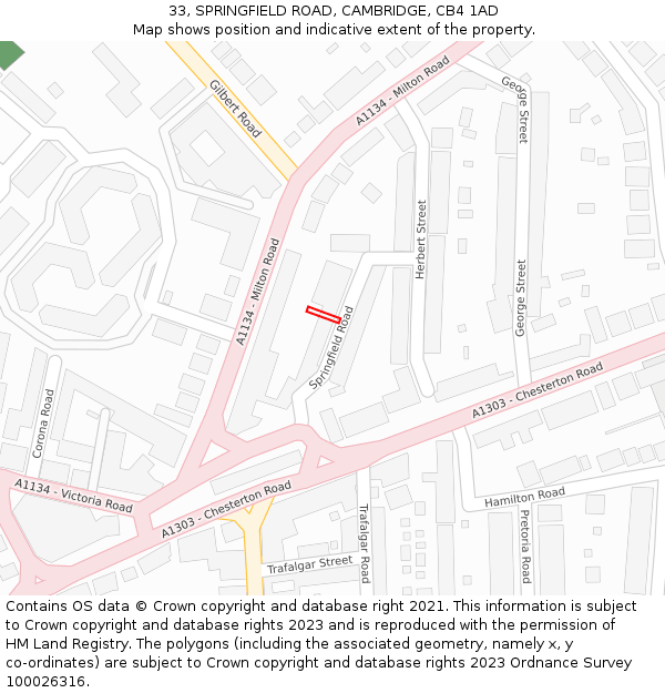 33, SPRINGFIELD ROAD, CAMBRIDGE, CB4 1AD: Location map and indicative extent of plot
