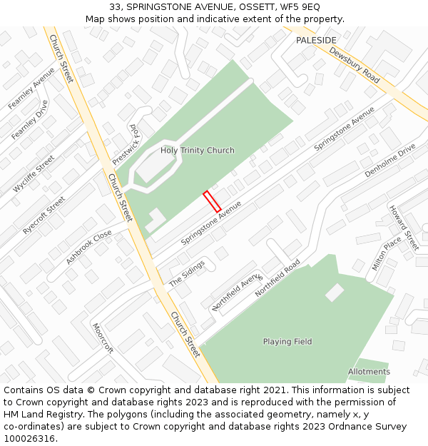 33, SPRINGSTONE AVENUE, OSSETT, WF5 9EQ: Location map and indicative extent of plot