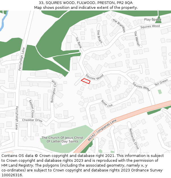 33, SQUIRES WOOD, FULWOOD, PRESTON, PR2 9QA: Location map and indicative extent of plot