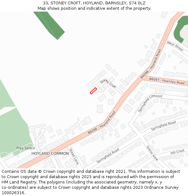33, STONEY CROFT, HOYLAND, BARNSLEY, S74 0LZ: Location map and indicative extent of plot