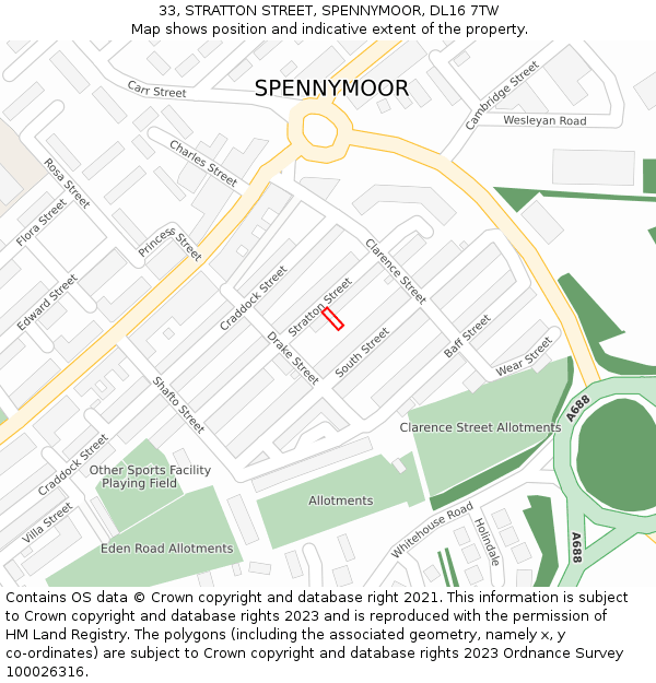33, STRATTON STREET, SPENNYMOOR, DL16 7TW: Location map and indicative extent of plot
