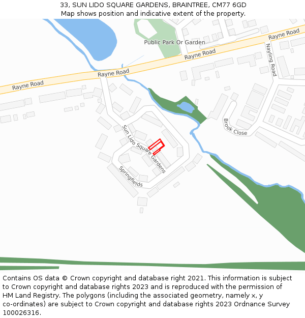 33, SUN LIDO SQUARE GARDENS, BRAINTREE, CM77 6GD: Location map and indicative extent of plot
