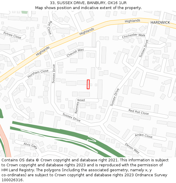 33, SUSSEX DRIVE, BANBURY, OX16 1UR: Location map and indicative extent of plot