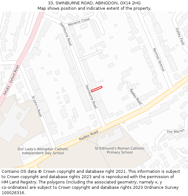 33, SWINBURNE ROAD, ABINGDON, OX14 2HG: Location map and indicative extent of plot