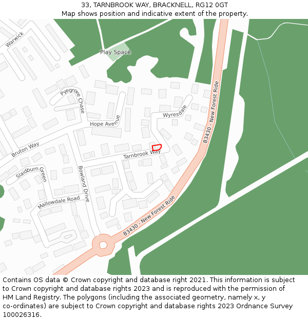 33, TARNBROOK WAY, BRACKNELL, RG12 0GT: Location map and indicative extent of plot
