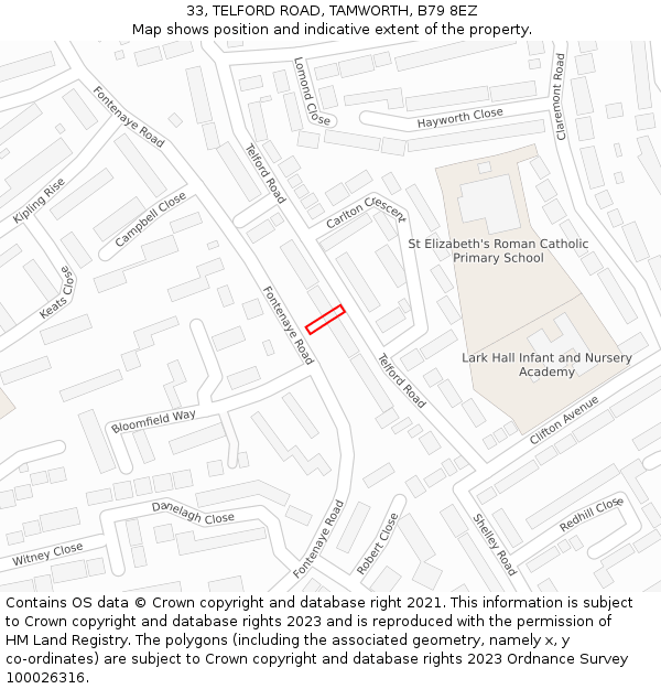 33, TELFORD ROAD, TAMWORTH, B79 8EZ: Location map and indicative extent of plot