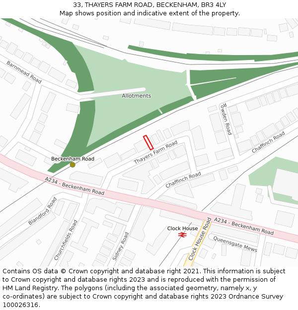 33, THAYERS FARM ROAD, BECKENHAM, BR3 4LY: Location map and indicative extent of plot
