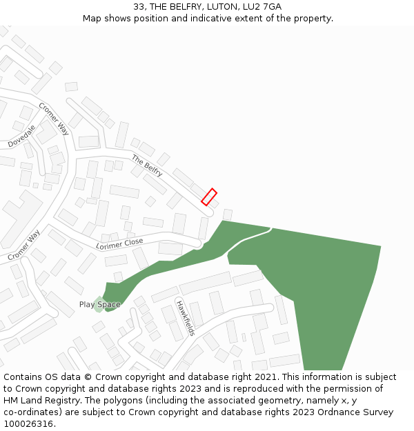 33, THE BELFRY, LUTON, LU2 7GA: Location map and indicative extent of plot