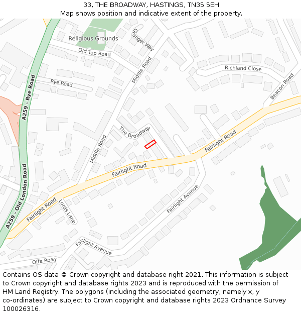 33, THE BROADWAY, HASTINGS, TN35 5EH: Location map and indicative extent of plot