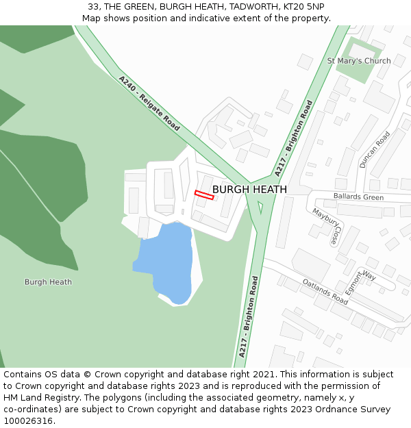 33, THE GREEN, BURGH HEATH, TADWORTH, KT20 5NP: Location map and indicative extent of plot