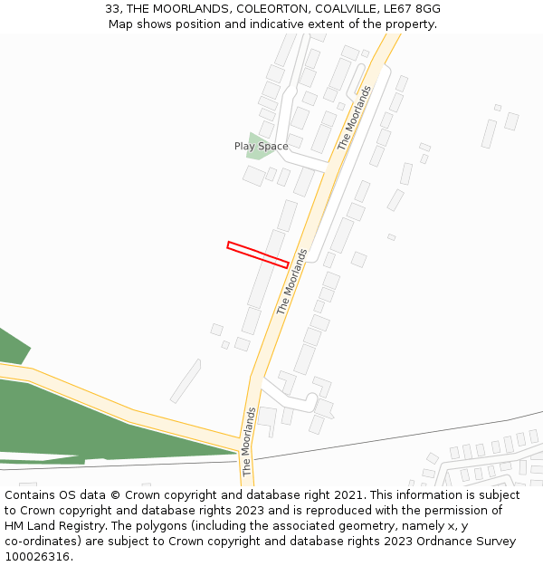 33, THE MOORLANDS, COLEORTON, COALVILLE, LE67 8GG: Location map and indicative extent of plot