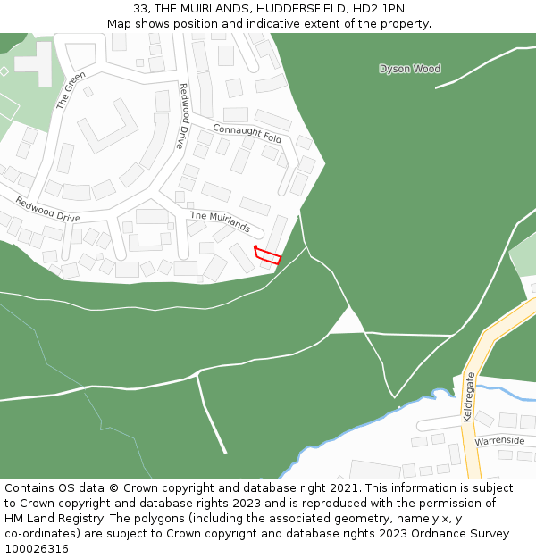 33, THE MUIRLANDS, HUDDERSFIELD, HD2 1PN: Location map and indicative extent of plot