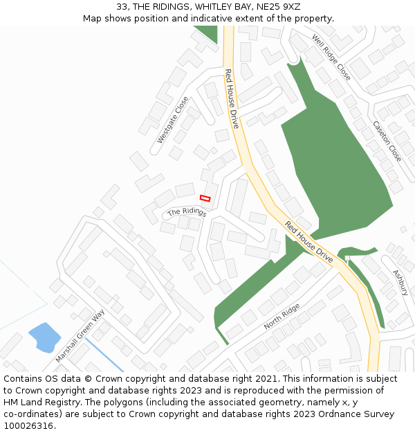 33, THE RIDINGS, WHITLEY BAY, NE25 9XZ: Location map and indicative extent of plot