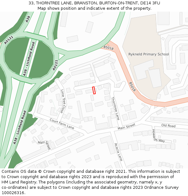 33, THORNTREE LANE, BRANSTON, BURTON-ON-TRENT, DE14 3FU: Location map and indicative extent of plot