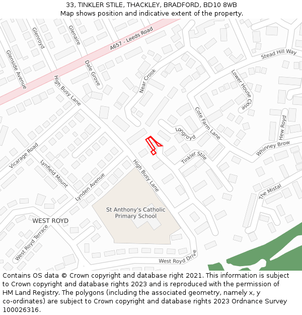 33, TINKLER STILE, THACKLEY, BRADFORD, BD10 8WB: Location map and indicative extent of plot