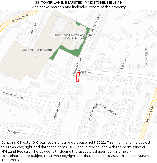 33, TOWER LANE, BEARSTED, MAIDSTONE, ME14 4JH: Location map and indicative extent of plot
