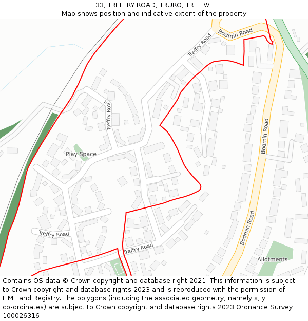 33, TREFFRY ROAD, TRURO, TR1 1WL: Location map and indicative extent of plot