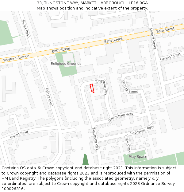 33, TUNGSTONE WAY, MARKET HARBOROUGH, LE16 9GA: Location map and indicative extent of plot