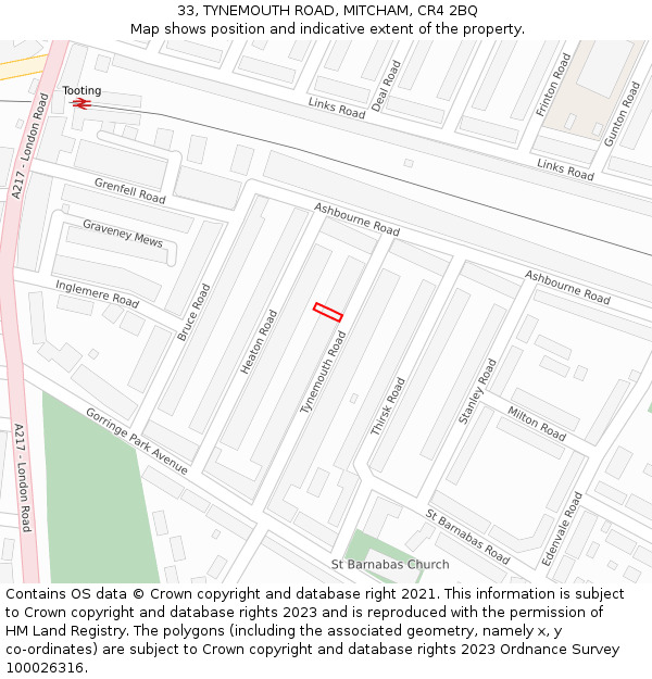 33, TYNEMOUTH ROAD, MITCHAM, CR4 2BQ: Location map and indicative extent of plot