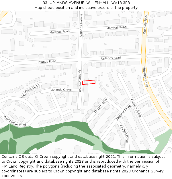 33, UPLANDS AVENUE, WILLENHALL, WV13 3PR: Location map and indicative extent of plot