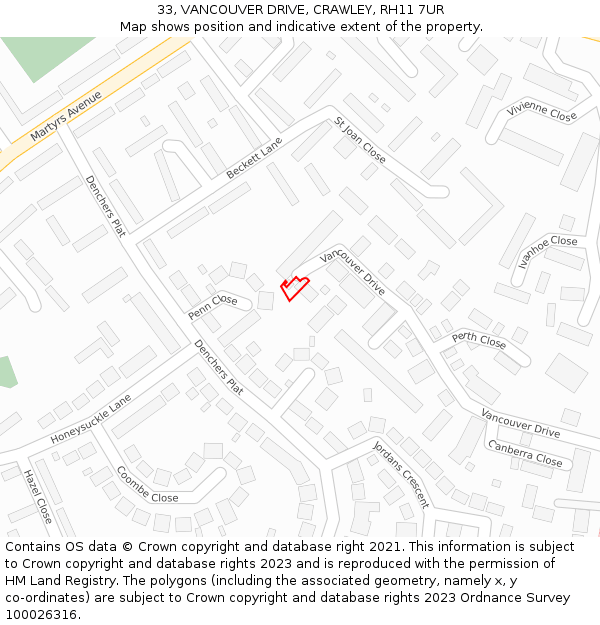 33, VANCOUVER DRIVE, CRAWLEY, RH11 7UR: Location map and indicative extent of plot