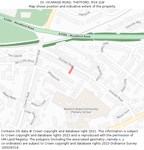 33, VICARAGE ROAD, THETFORD, IP24 2LW: Location map and indicative extent of plot