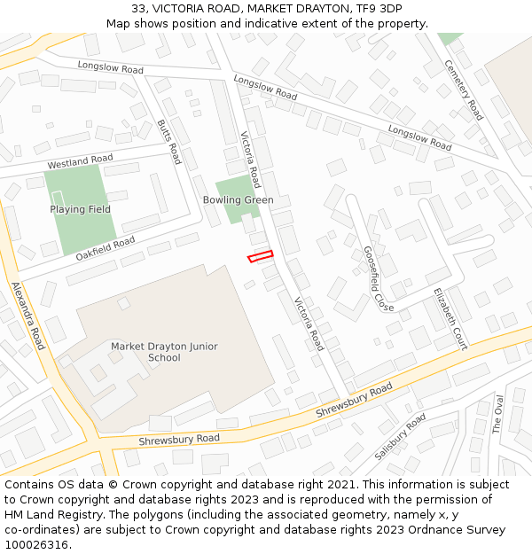 33, VICTORIA ROAD, MARKET DRAYTON, TF9 3DP: Location map and indicative extent of plot