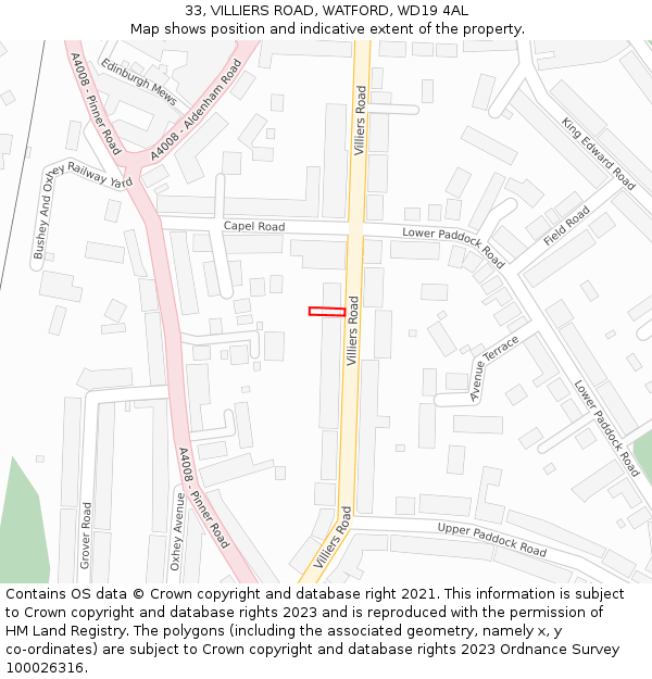 33, VILLIERS ROAD, WATFORD, WD19 4AL: Location map and indicative extent of plot