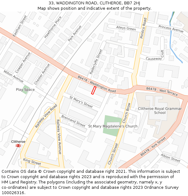 33, WADDINGTON ROAD, CLITHEROE, BB7 2HJ: Location map and indicative extent of plot