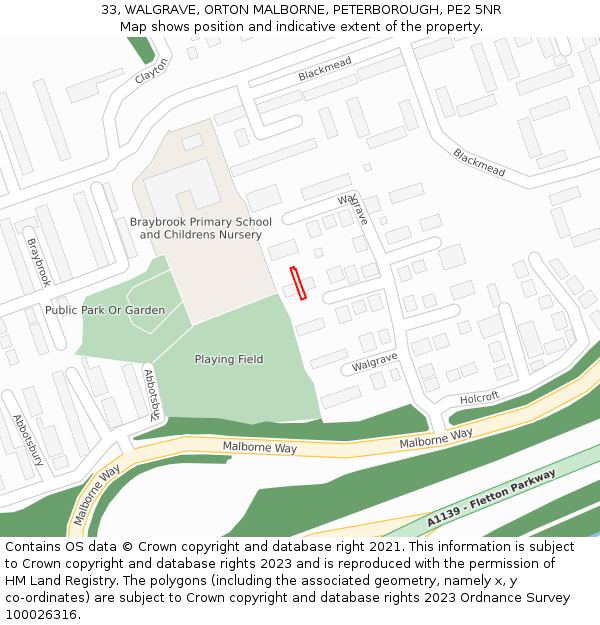 33, WALGRAVE, ORTON MALBORNE, PETERBOROUGH, PE2 5NR: Location map and indicative extent of plot