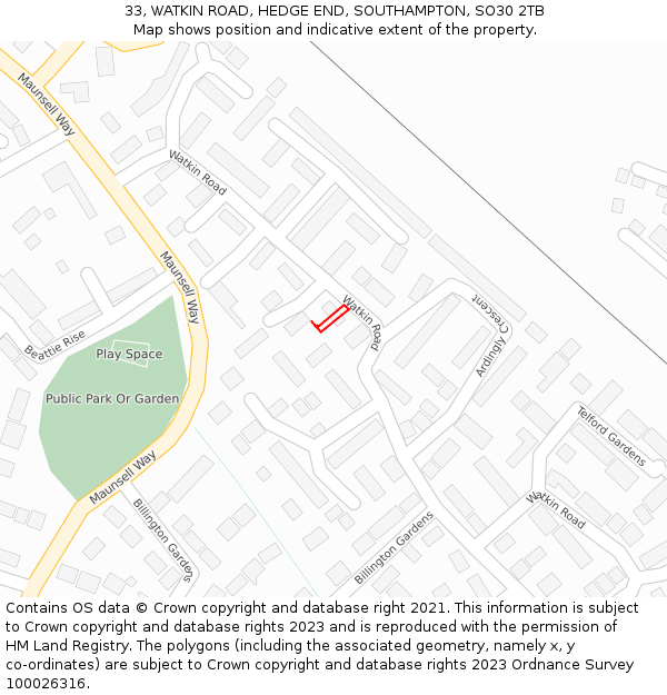 33, WATKIN ROAD, HEDGE END, SOUTHAMPTON, SO30 2TB: Location map and indicative extent of plot