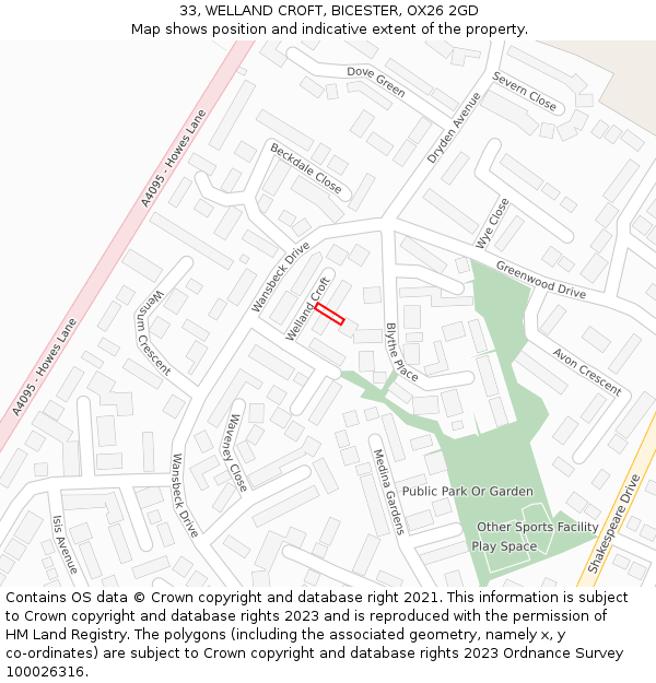 33, WELLAND CROFT, BICESTER, OX26 2GD: Location map and indicative extent of plot